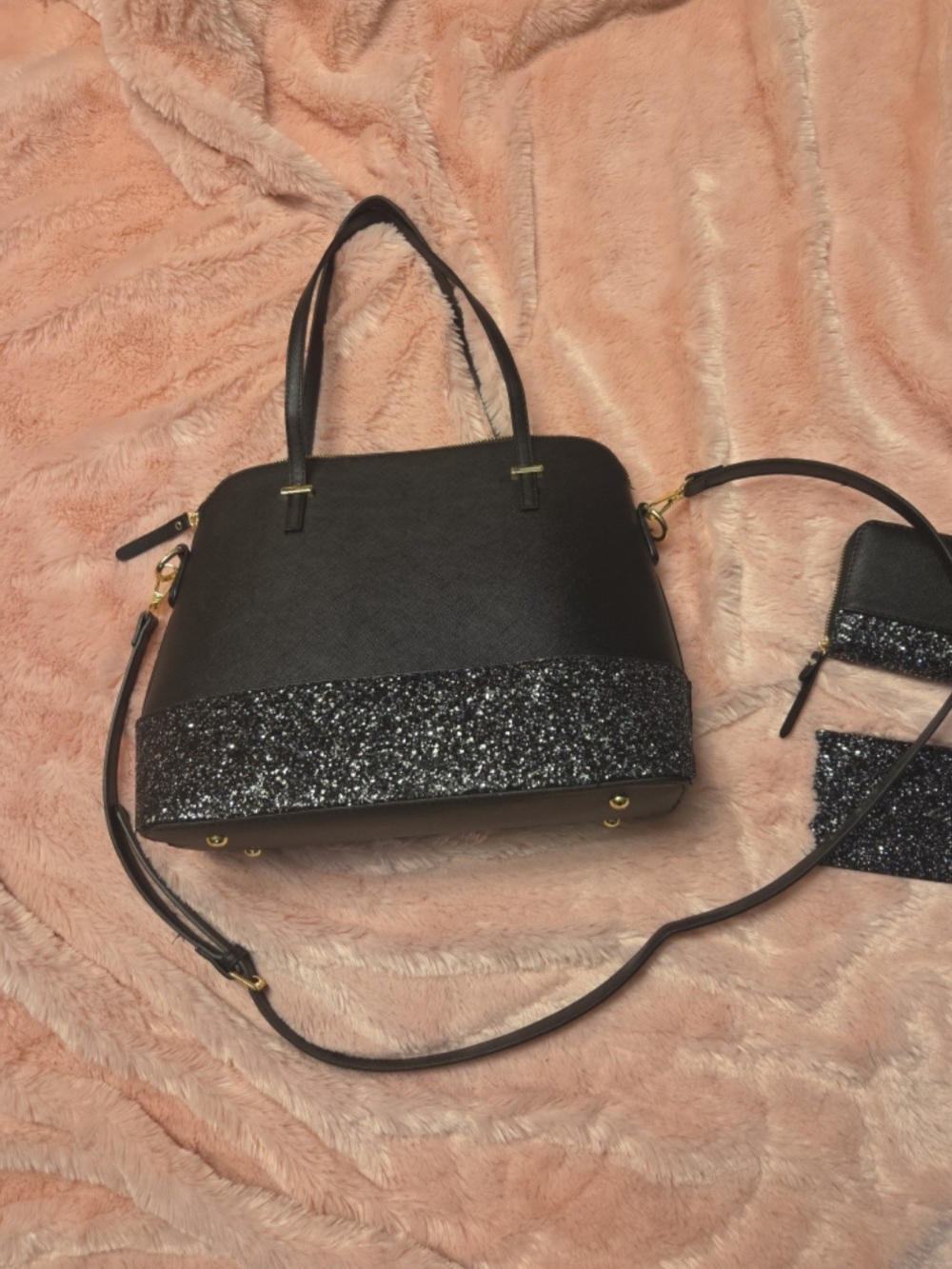 Black Glitter Accent Dome Satchel with Detachable Strap